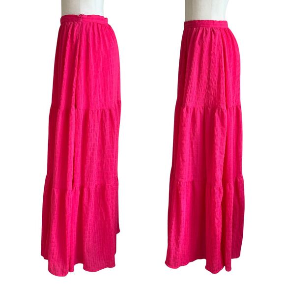 Pink Lily Hot Pink Maxi Tiered Skirt Side Slit Zip Waist Size S - Picture 3 of 9